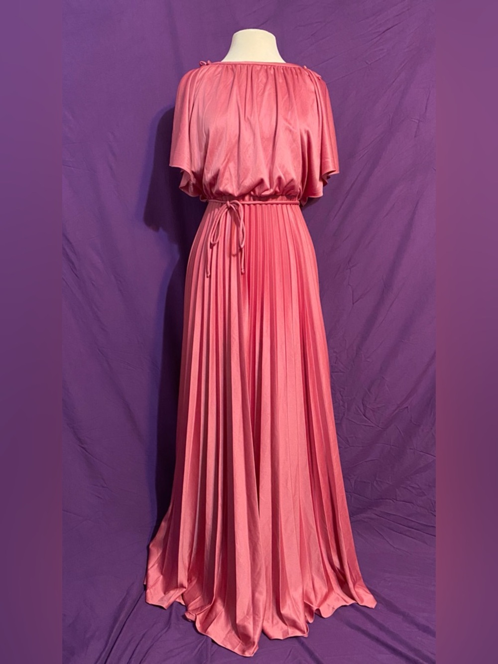 Vintage 70s Pink Pleated Grecian Goddess Maxi Dress